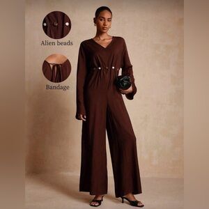 Chic Brown Jumpsuit with Unique Bead Accents